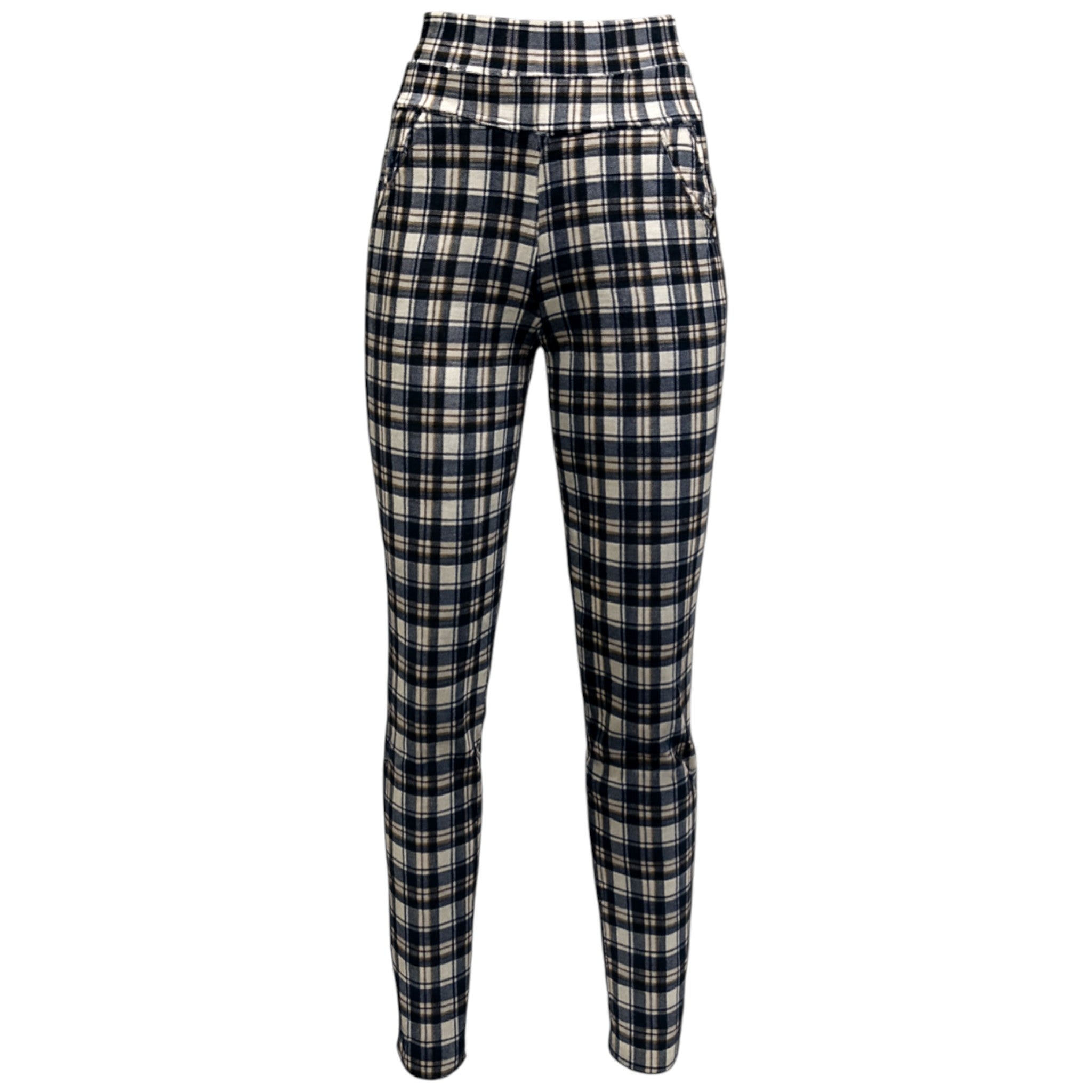Navy and white check slim stretch treggings for women – high-waisted pull-on trousers